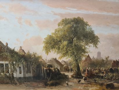 Abraham VAN DER WAYEN PIETERSZEN (1817-1880). 亚伯拉罕-范德维恩-皮特森（1817-1880）。市场日。红木板上的油画，左下方有签名。尺寸：71...