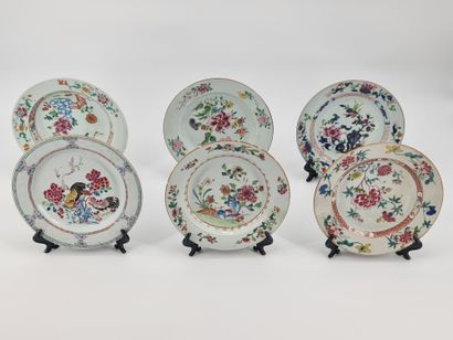 null Set of 6 porcelain plates of China of the Company of the Indies in enamels of...