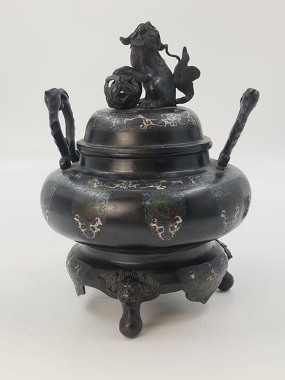 null Tripod incense burner in bronze and champlevé enamels decorated with archaic...