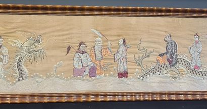 null Important silk panel, decorated with eight Immortals on dragons moving above...