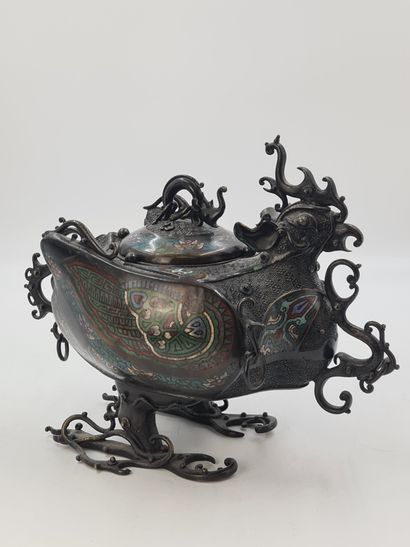 null Bronze and polychrome champlevé enamel incense burner, representing a phoenix...