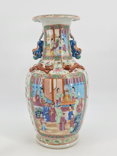 null China late 19th century Canton enamel and porcelain baluster vase with curved...