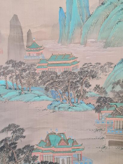 null China, 20th century, Ink scroll, colors on silk and gold highlights, representing...