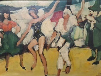 Adham WANLY (1908-1959). 阿达姆-万里（1908-1959）。洗衣女工的舞会。木板油画，左下方有签名和日期1948年。背面有标题："Le...