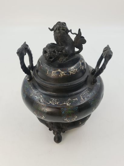 null Tripod incense burner in bronze and champlevé enamels decorated with archaic...