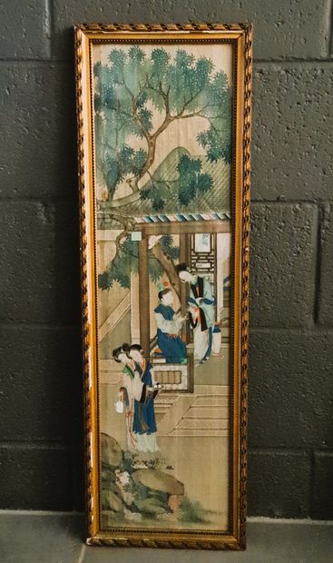 null CHINE, fin XIXème siècle., Suite de deux petites peintures verticales en couleurs...