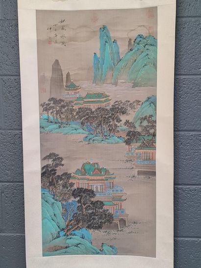 null China, 20th century, Ink scroll, colors on silk and gold highlights, representing...