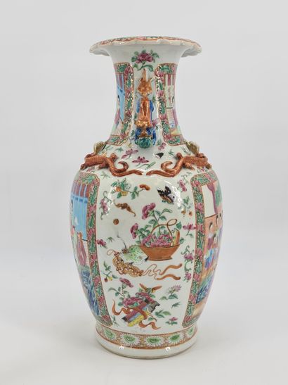 null China late 19th century Canton enamel and porcelain baluster vase with curved...