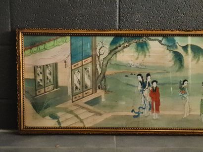 null CHINE, vers 1900-1920. Longue peinture horizontale en couleurs légères sur soie,...