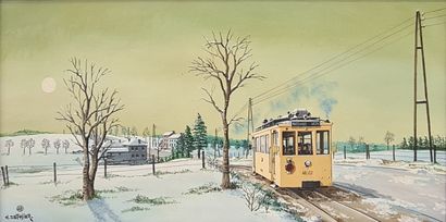 Henri DETHIER (1939-2009). Henri DETHIER (1939-2009). The streetcar in winter. Oil...