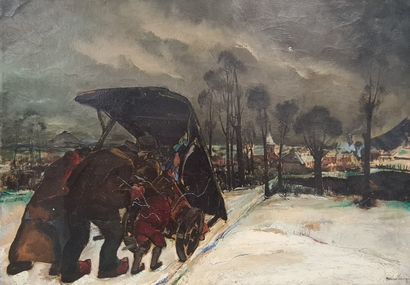 Marius CARION (1898-1949). Marius CARION (1898-1949). Exodus under the snow. Oil...