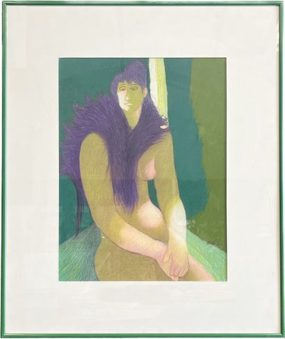 Luc PEROT (1922-1985). Luc PEROT (1922-1985). Nude woman with mauve scarf. Pastel...