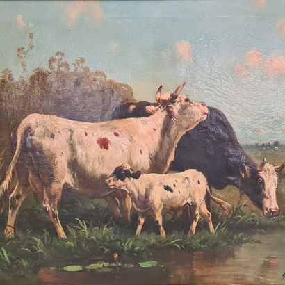 Paul SCHOUTEN (1860-1922). Paul SCHOUTEN (1860-1922). Couple of cows and little calf...