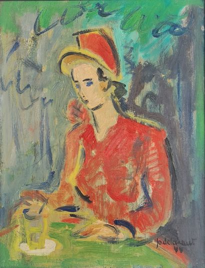 Jo DELAHAUT(1911-1992). Jo DELAHAUT(1911-1992). Elegant woman with hat sitting on...