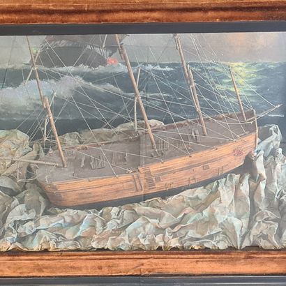 J. Carron- Entering Harbor, 1894 Diorama animé. Le bateau rentrant au port. Présenté...