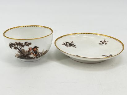 null 德国多色瓷碗和瓷碟，饰以乡村景色。碗为 18 世纪晚期（？底部是连在一起的。