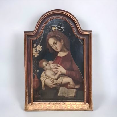 null La vierge allaitant l'enfant jésus. Espagne fin XVI/début XVIIème siècle. Huile...