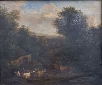 null Landscape of hills animated by a herd and peasant women. Oil on canvas 17th...
