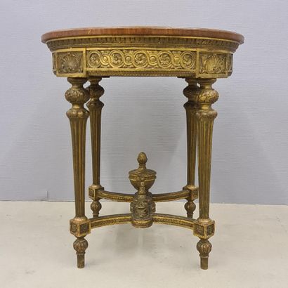 null Louis XVI style gilded wood pedestal table, Napoleon III period. Marquetry tablet...