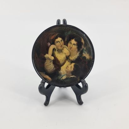 null Round boiled cardboard box with painted decoration of a gallant scene. Nineteenth...
