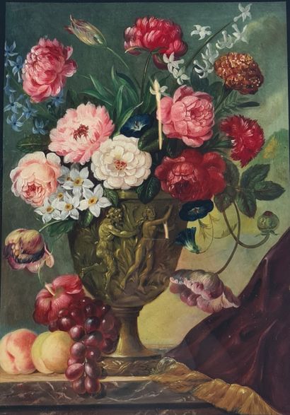 null Bouquet of flowers in an antique vase. Eglomisé 19th century. Dimensions: 65...