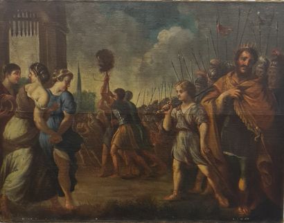 null Biblical scene with the beheaded martyr and the king. Oil on canvas 18th century....