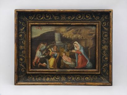 null Nativity. 17th century Italian school. Oil on panel. Monogrammed on the reverse,...