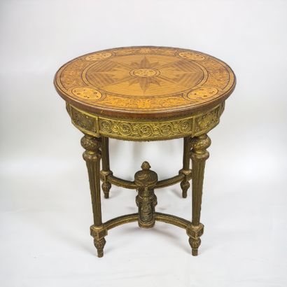 null Louis XVI style gilded wood pedestal table, Napoleon III period. Marquetry tablet...