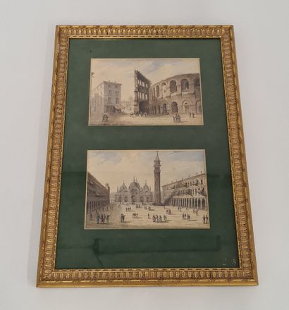 null Views of Venice and Verona. Pair of gouaches dated 1832 and framed in the same...