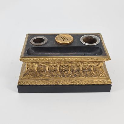 null Inkwell in gilded and patinated bronze with a humorous subject of a learned...