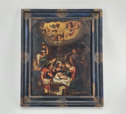null Nativity on copper. Antwerp school 18th century. Dimensions: 35 x 29 cm.