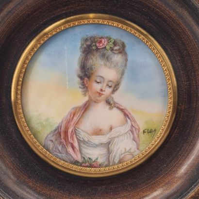 null Miniature of the young woman with bare breasts. Signed Flay. Diameter: 6 cm...