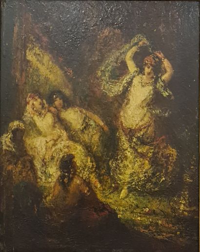 null Oriental dancer in the harem. Oil on mahogany panel. Dimensions: 41 x 32 cm...