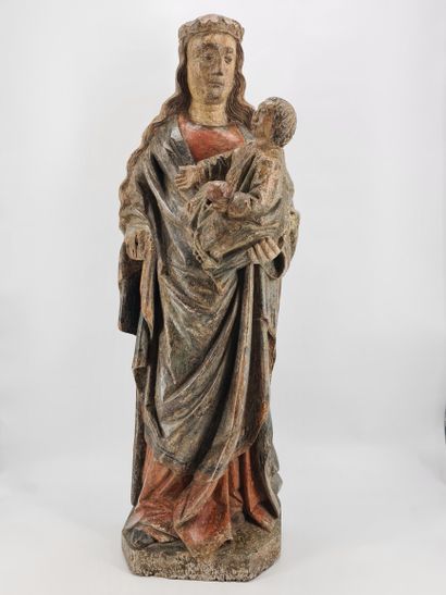 Vierge à l’Enfant en chêne sculpté et polychromé,...