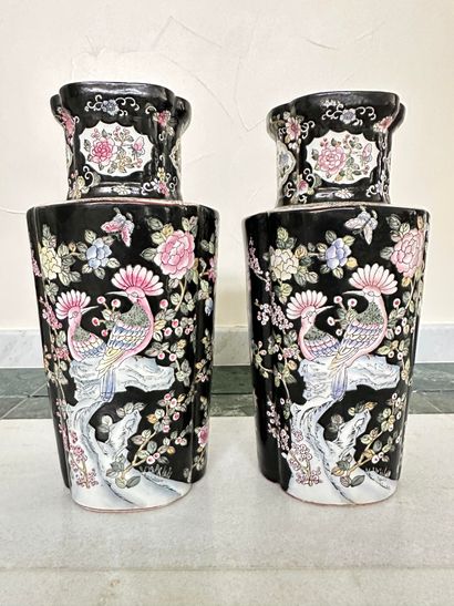 null China, circa 1960. Pair of floriform vases in porcelain and polychrome enamels...