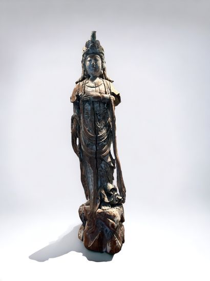 null China, first half of the 20th century. Antique polychrome wooden statuette representing...