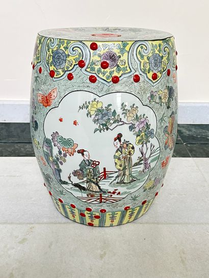 null China, Modern work. Porcelain and polychrome enamel stool with medallion decoration...