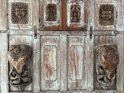 null Northern India. Large antique polychrome wooden cabinet opening to several doors...