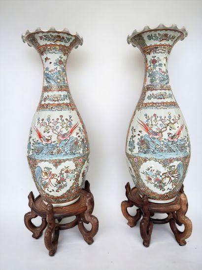 null China, modern work. An important pair of scallop-necked baluster vases in porcelain...
