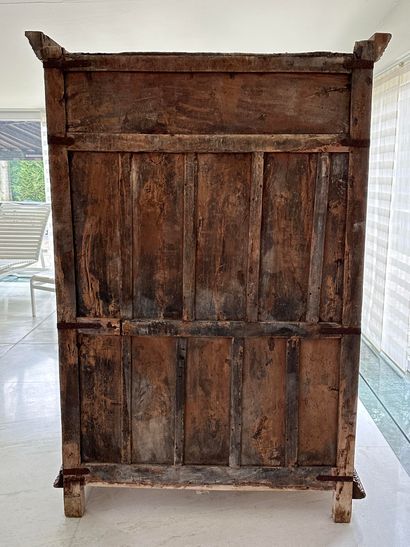 null Northern India. Large antique polychrome wooden cabinet opening to several doors...