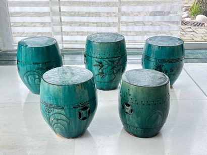 null China, 19th century. Set of five cizhou-style stools in turquoise-glazed ceramic...