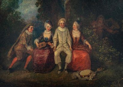 null Jean-Antoine WATTEAU (1684-1721) d'après
Pierrot heureux et ses galantes
Huile...
