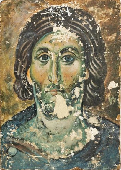 null Portrait du Christ,
Icône, tempera sur panneau 
Étiquette "Monastir Manasija"...