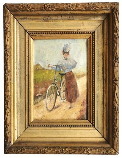 null École fin XIXe – début XXe siècles 
Femme à la bicyclette
Huile sur toile contrecollé...
