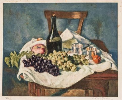 null Charles Guérin 
Nature morte aux fruits et à la bouteille 
Lithographie en couleur...