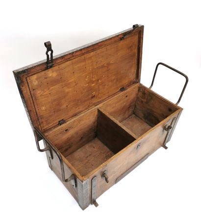 null Wood and wrought iron military chest opening to a flap revealing two compartments,...