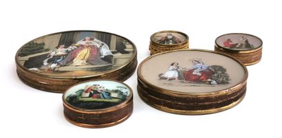 null Five cylindrical boxes fixed under glass with subjects of gallant and religious...