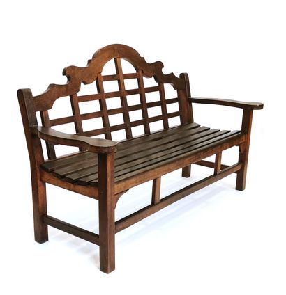 null Bench in stained natural wood, slatted seat, openwork checkerboard backrest

W....