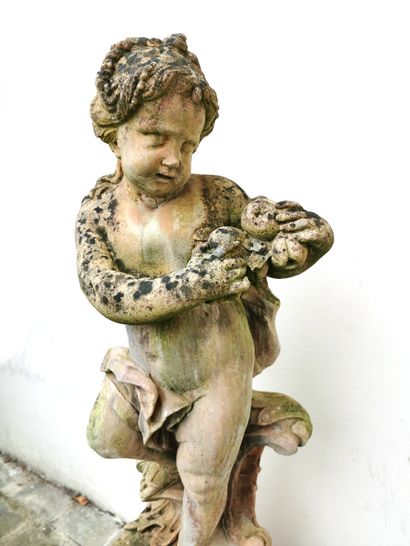 null Fruit putto, sculpture in artificial stone with a terracotta patina, it rests...