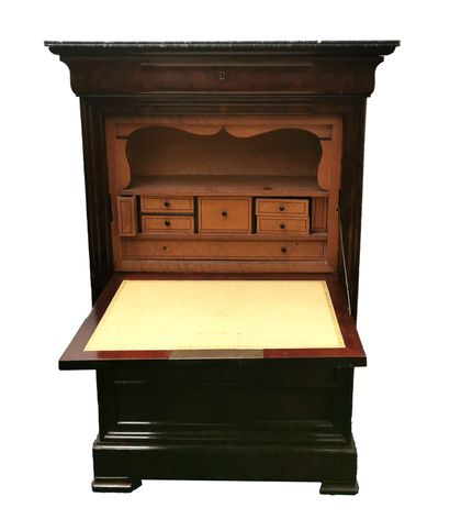 null Mahogany veneer secretary opening with four drawers and a flap uncovering a...